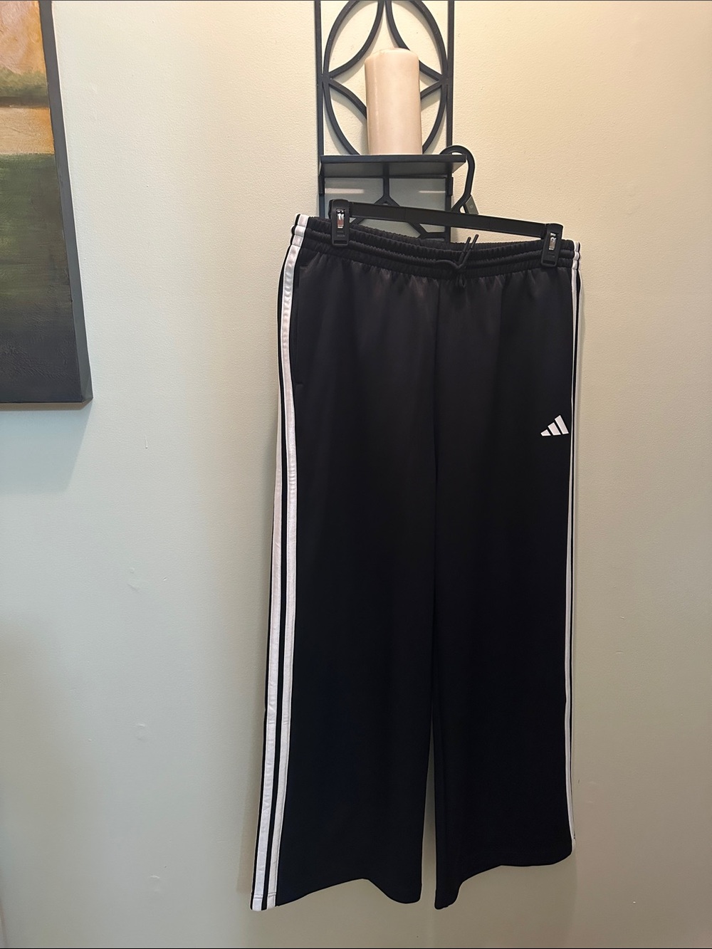 adidas Wide Leg Black Joggers with White Side Stripes